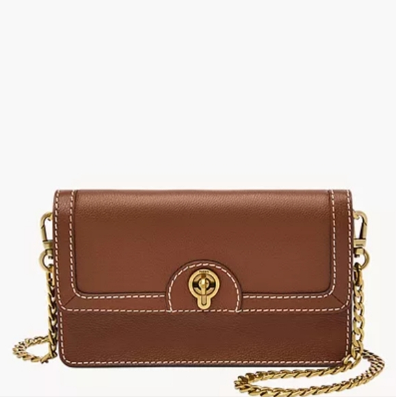 Brown Leather Crossbody Bag with Chain Strap - Picture 1 of 5